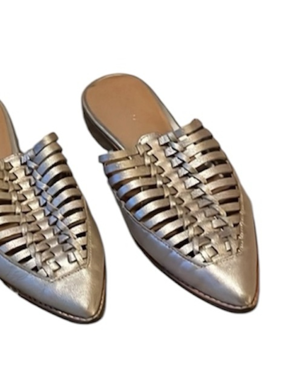 Crown Vintage Mitzi Metallic Muted Gold Woven Leather Pointy Slip-On Mule Flats